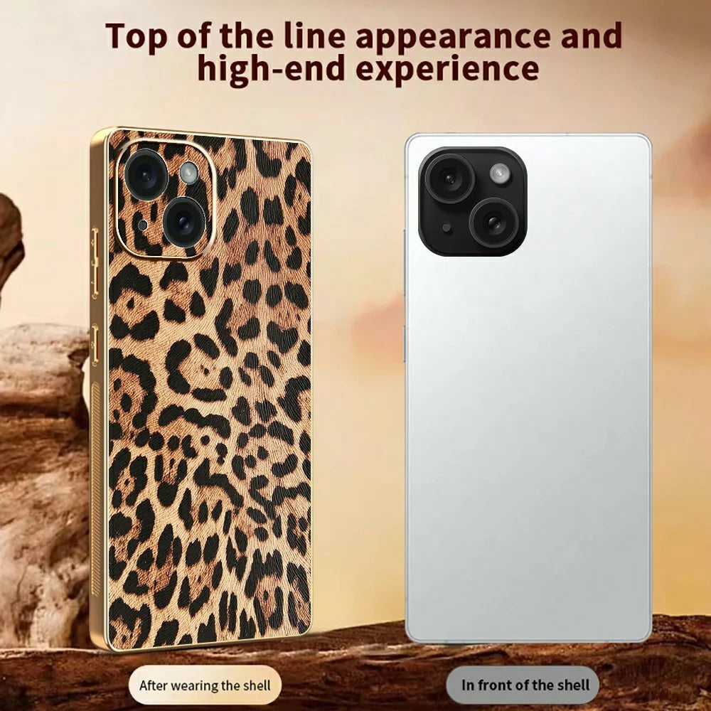 For iPhone 15 Case Leopard Print PU Leather Coated PC + TPU Electroplating Phone Cover - 3