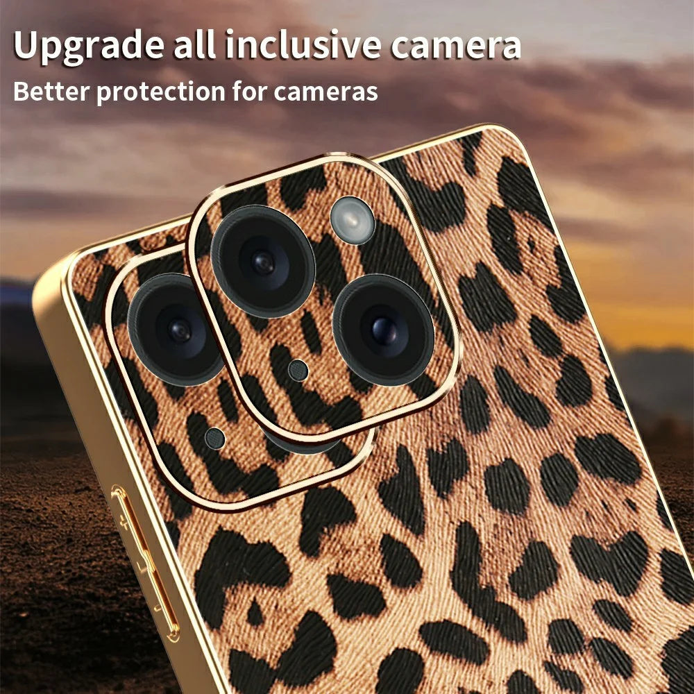 For iPhone 15 Case Leopard Print PU Leather Coated PC + TPU Electroplating Phone Cover - 4