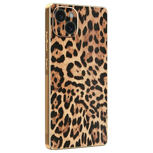 For iPhone 15 Plus Case Leopard Print PU Leather Coated PC + TPU Electroplating Phone Cover - 1