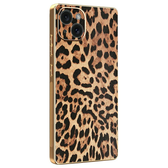 For iPhone 15 Plus Case Leopard Print PU Leather Coated PC + TPU Electroplating Phone Cover - 1