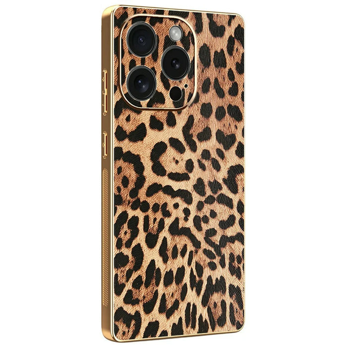 For iPhone 15 Pro Case Leopard Print PU Leather Coated PC + TPU Electroplating Phone Cover - 1