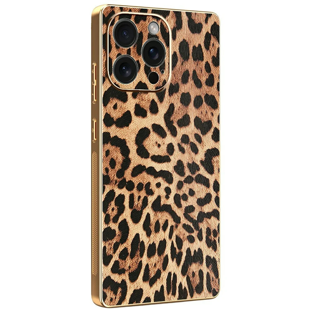 For iPhone 15 Pro Max Case Leopard Print PU Leather Coated PC + TPU Electroplating Phone Cover - 1