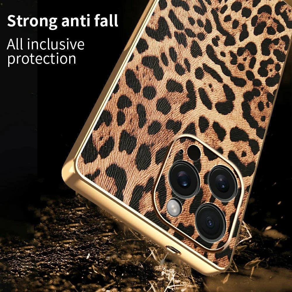 For iPhone 15 Pro Max Case Leopard Print PU Leather Coated PC + TPU Electroplating Phone Cover - 2
