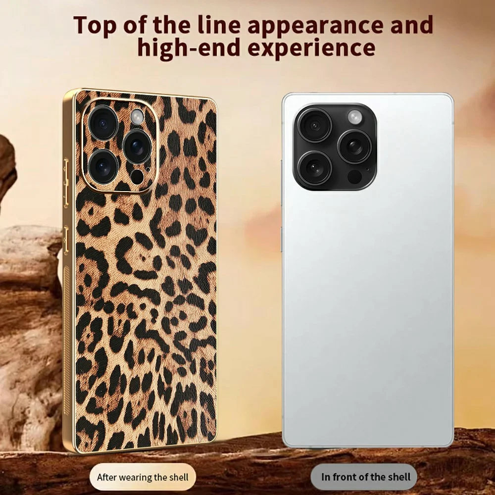 For iPhone 15 Pro Max Case Leopard Print PU Leather Coated PC + TPU Electroplating Phone Cover - 3