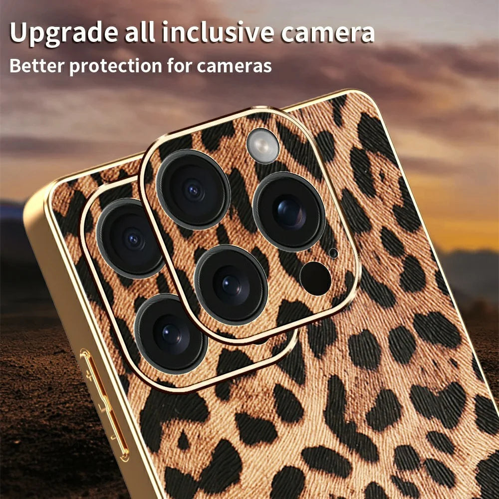 For iPhone 15 Pro Max Case Leopard Print PU Leather Coated PC + TPU Electroplating Phone Cover - 4
