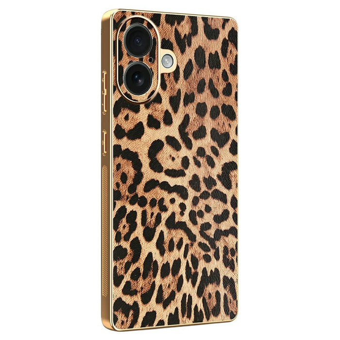 For iPhone 16 Case Leopard Print PU Leather Coated PC + TPU Electroplating Phone Cover - 1