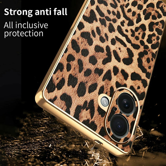For iPhone 16 Case Leopard Print PU Leather Coated PC + TPU Electroplating Phone Cover - 2