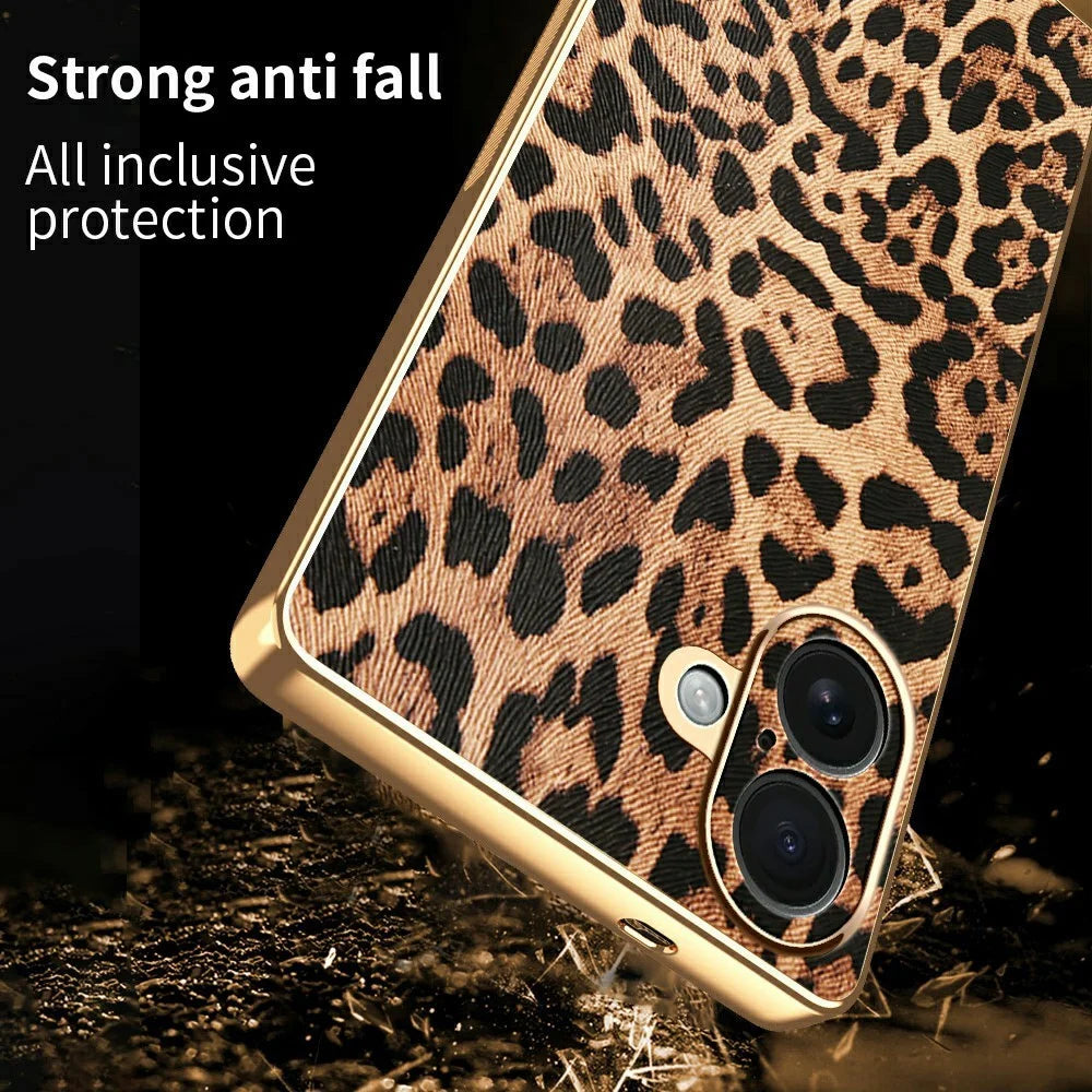 For iPhone 16 Plus Case Leopard Print PU Leather Coated PC + TPU Electroplating Phone Cover - 2