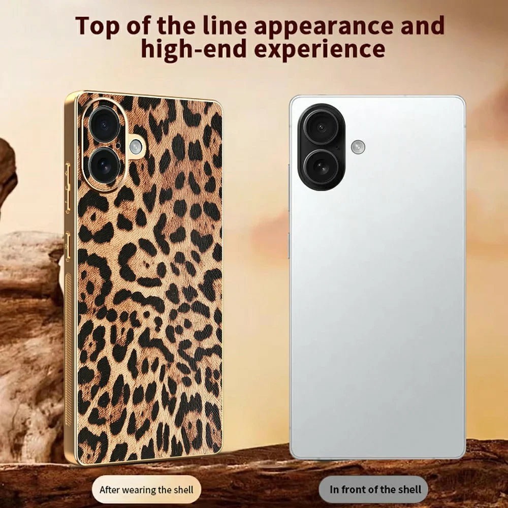 For iPhone 16 Plus Case Leopard Print PU Leather Coated PC + TPU Electroplating Phone Cover - 3