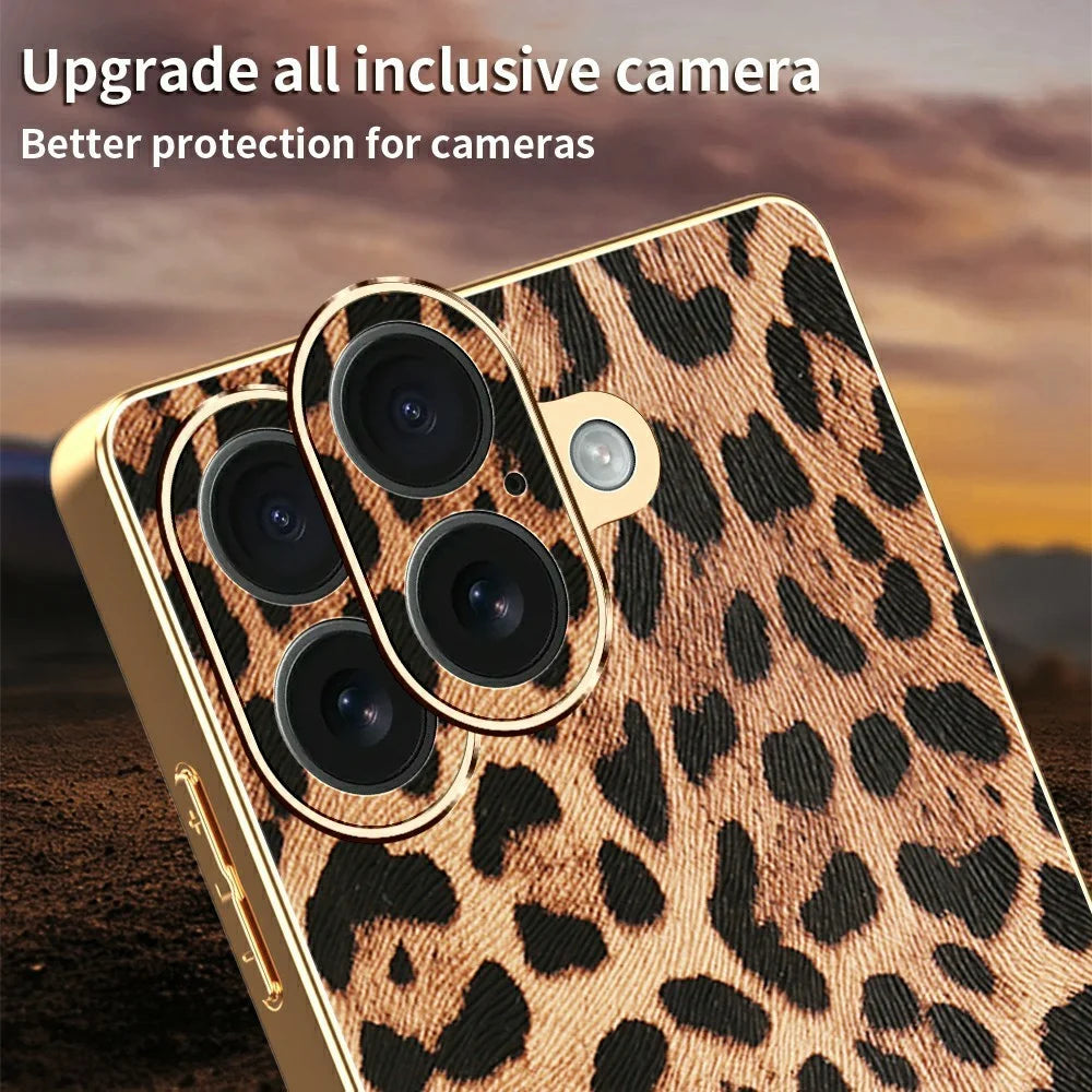 For iPhone 16 Plus Case Leopard Print PU Leather Coated PC + TPU Electroplating Phone Cover - 4