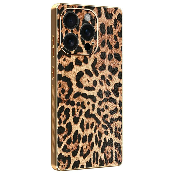 For iPhone 16 Pro Case Leopard Print PU Leather Coated PC + TPU Electroplating Phone Cover - 1