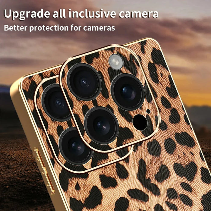 For iPhone 16 Pro Case Leopard Print PU Leather Coated PC + TPU Electroplating Phone Cover - 4
