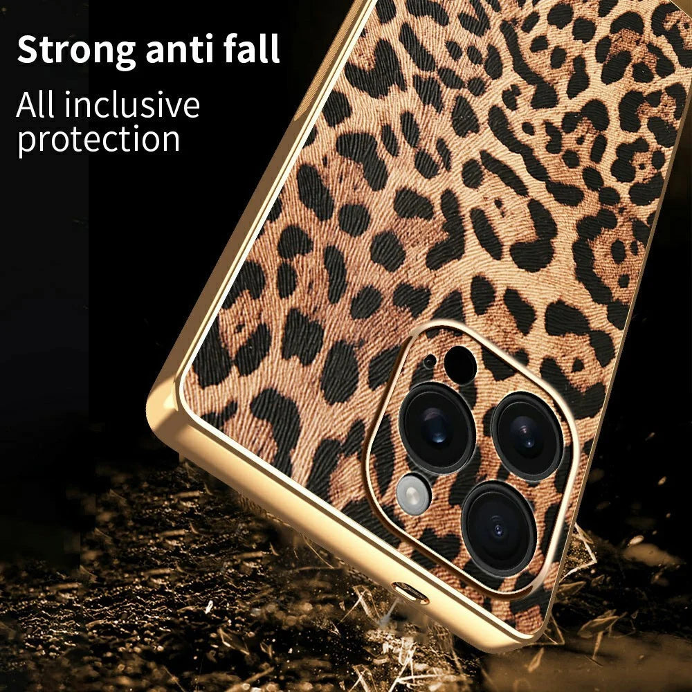For iPhone 16 Pro Max Case Leopard Print PU Leather Coated PC + TPU Electroplating Phone Cover - 2