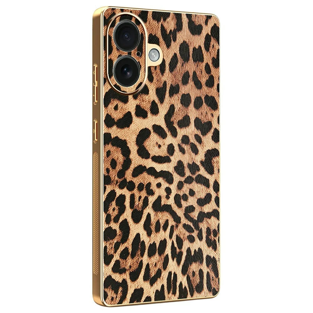For iPhone 17 Case Leopard Print PU Leather Coated PC + TPU Electroplating Phone Cover - 1