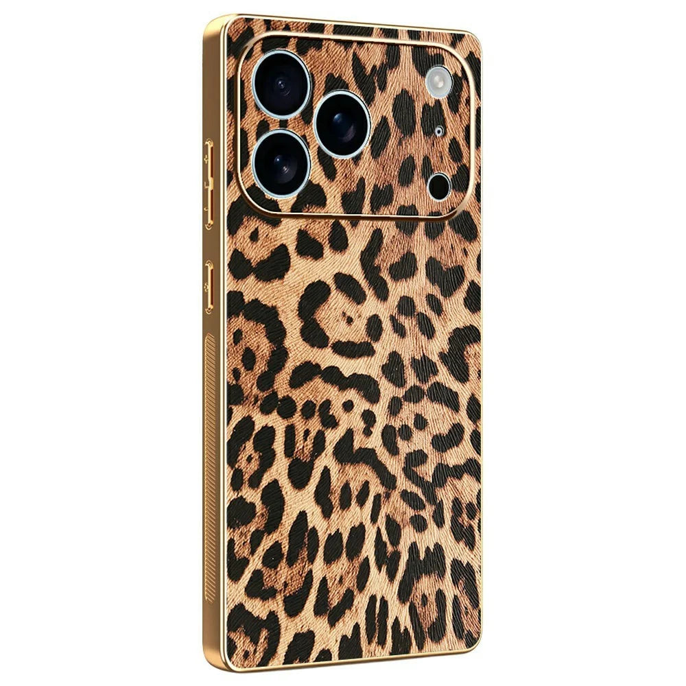 For iPhone 17 Pro Max Case Leopard Print PU Leather Coated PC + TPU Electroplating Phone Cover - 1