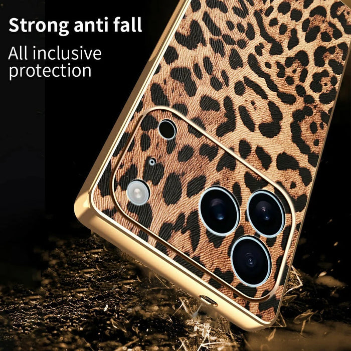 For iPhone 17 Pro Max Case Leopard Print PU Leather Coated PC + TPU Electroplating Phone Cover - 2