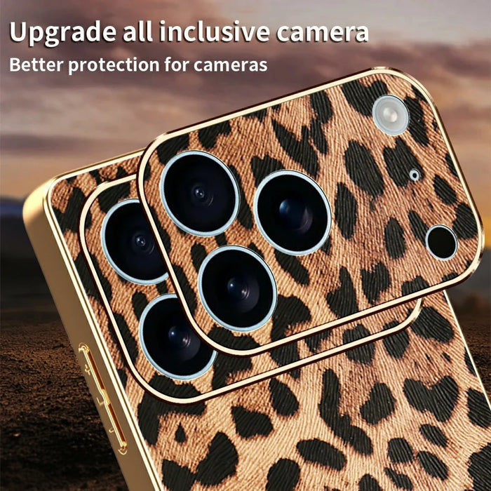 For iPhone 17 Pro Max Case Leopard Print PU Leather Coated PC + TPU Electroplating Phone Cover - 4