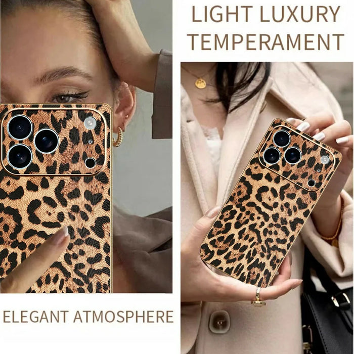 For iPhone 17 Pro Max Case Leopard Print PU Leather Coated PC + TPU Electroplating Phone Cover - 5