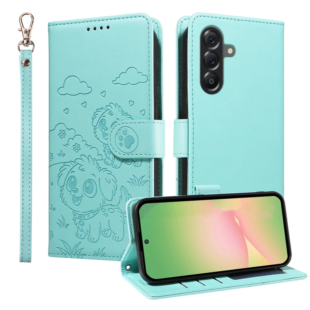 For Samsung Galaxy A56 5G Case RFID Blocking Imprint Dog Pattern PU Leather Phone Cover with Wrist Strap - Green - 1