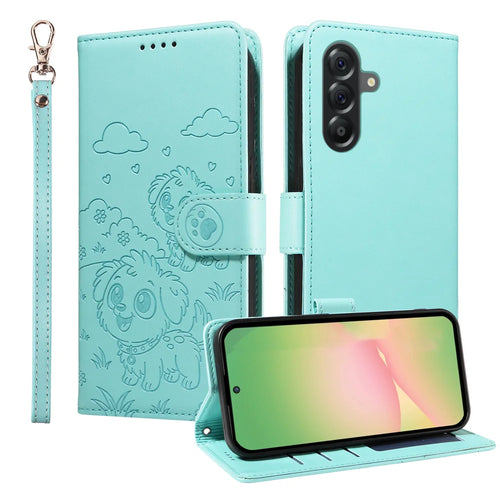 For Samsung Galaxy A56 5G Case RFID Blocking Imprint Dog Pattern PU Leather Phone Cover with Wrist Strap - Green - 1