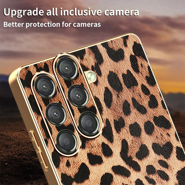 For Samsung Galaxy A15 5G Case Leopard Print PU Leather Coated PC + TPU Electroplating Phone Cover - 5