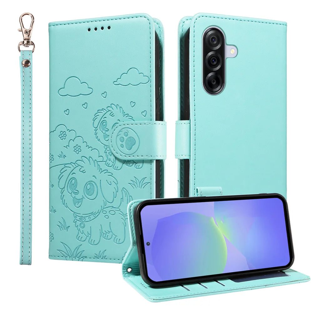 For Samsung Galaxy A36 5G Case RFID Blocking Imprint Dog Pattern PU Leather Phone Cover with Wrist Strap - Green - 1