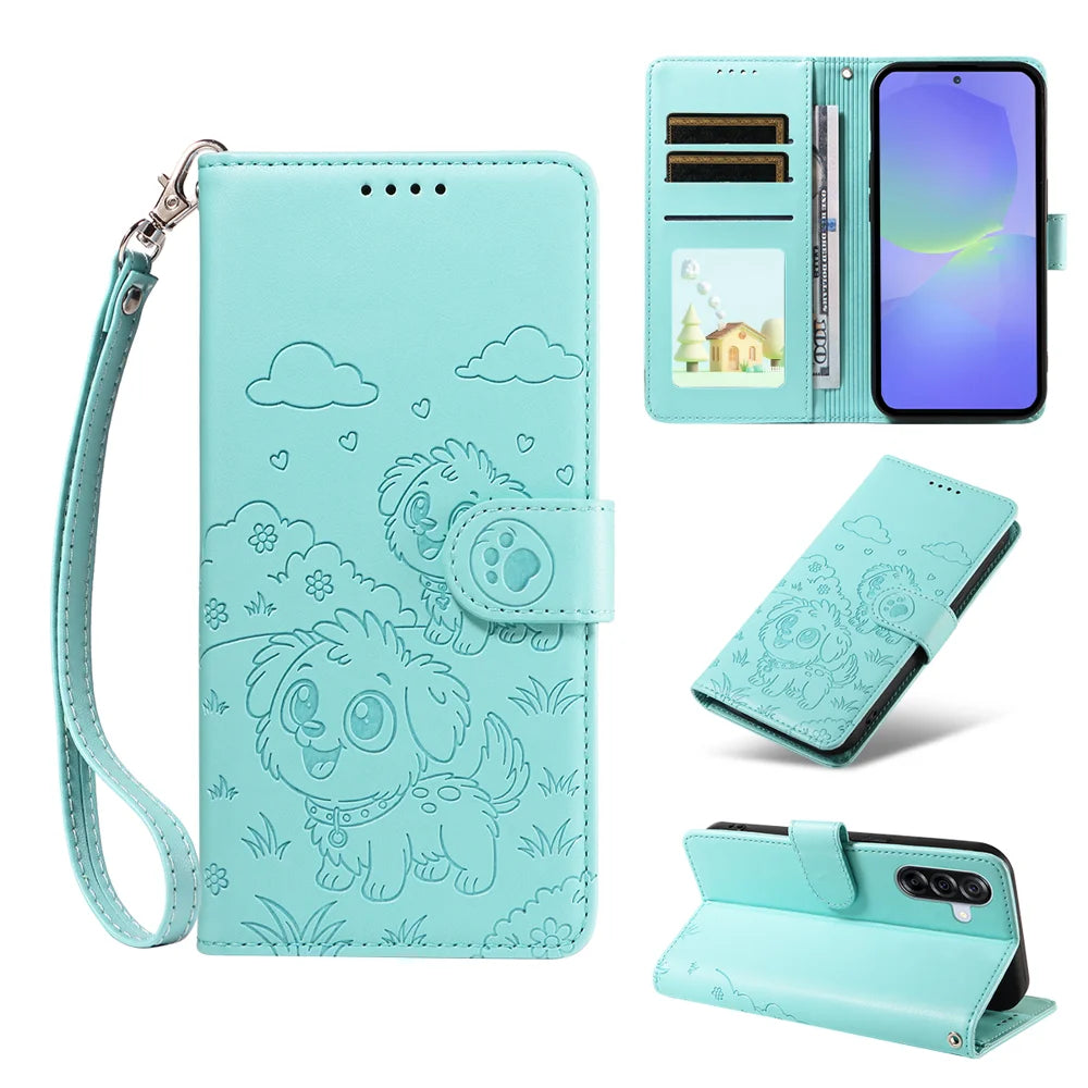 For Samsung Galaxy A36 5G Case RFID Blocking Imprint Dog Pattern PU Leather Phone Cover with Wrist Strap - Green - 2