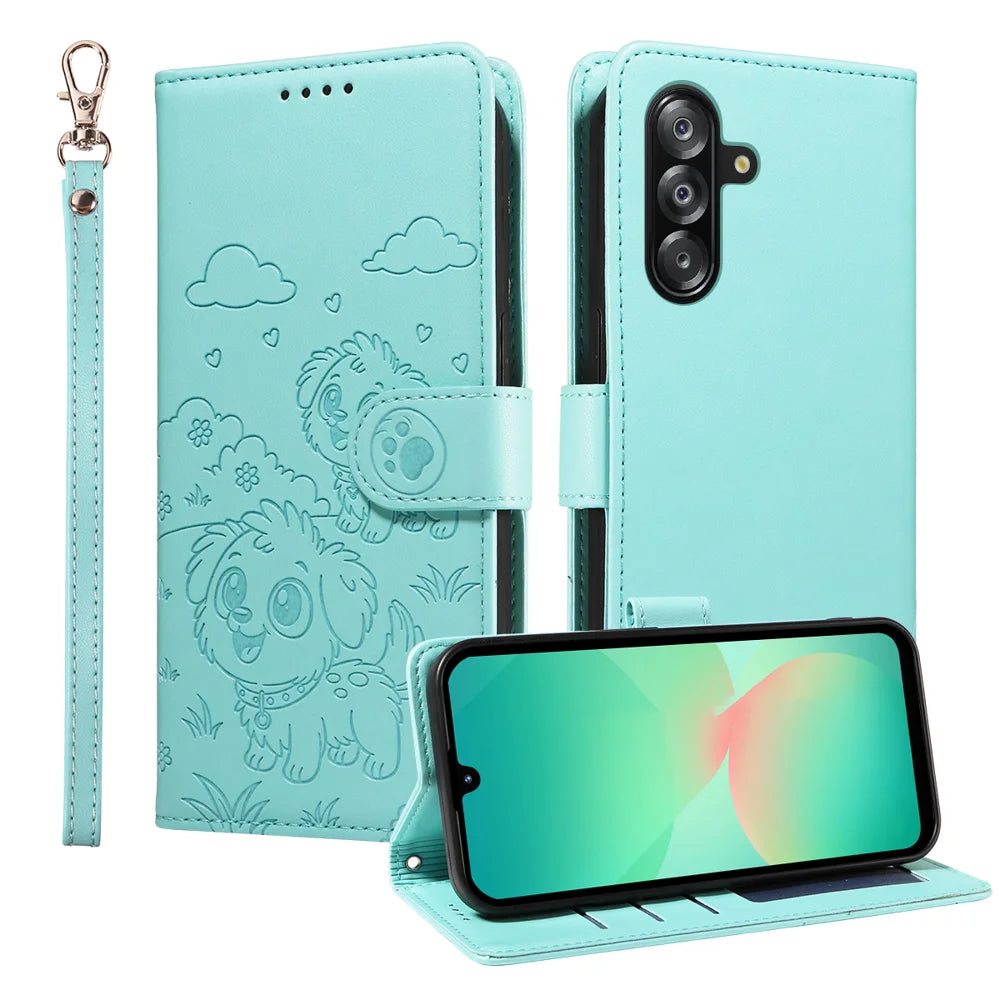For Samsung Galaxy A18 5G / A18 4G / A17 5G / A17 4G / A26 5G / A16 5G / A16 4G Case RFID Blocking Imprint Dog Pattern PU Leather Phone Cover with Wrist Strap - Green - 1