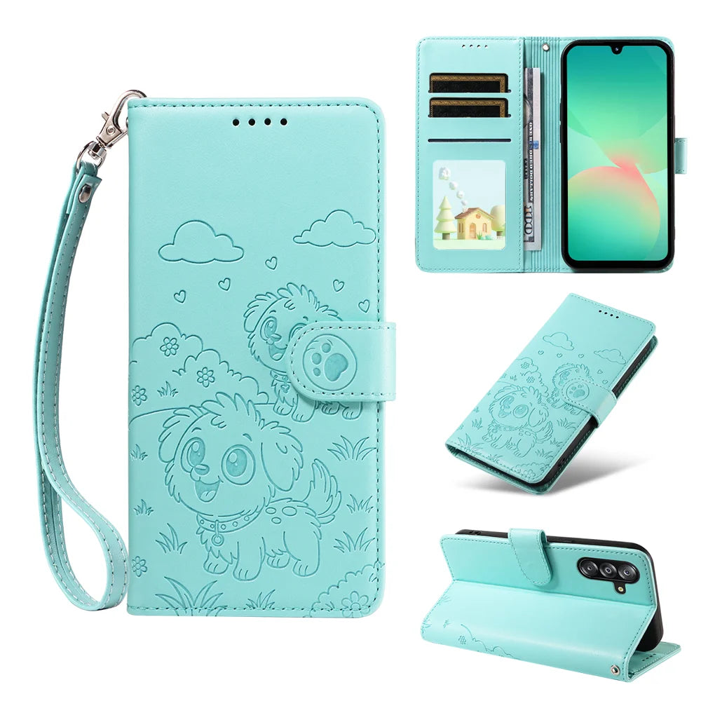 For Samsung Galaxy A18 5G / A18 4G / A17 5G / A17 4G / A26 5G / A16 5G / A16 4G Case RFID Blocking Imprint Dog Pattern PU Leather Phone Cover with Wrist Strap - Green - 2