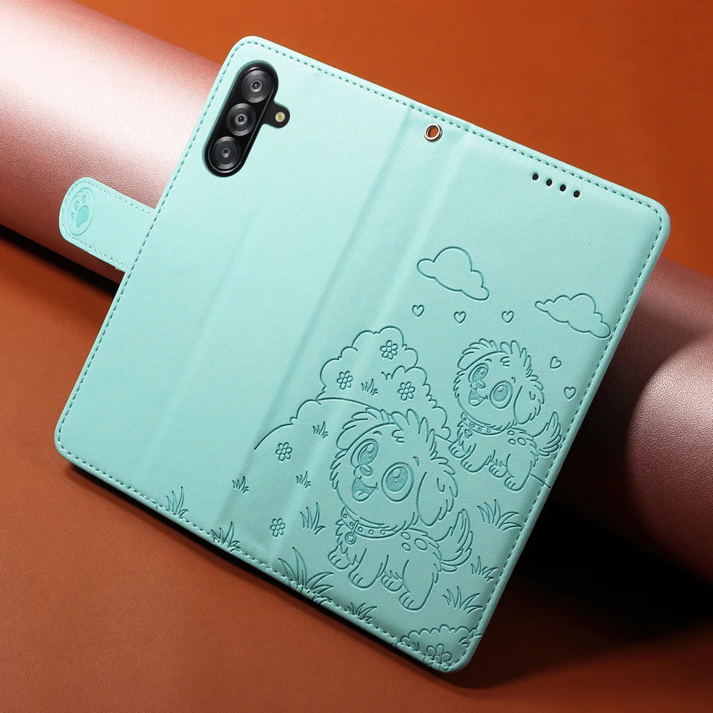 For Samsung Galaxy A18 5G / A18 4G / A17 5G / A17 4G / A26 5G / A16 5G / A16 4G Case RFID Blocking Imprint Dog Pattern PU Leather Phone Cover with Wrist Strap - Green - 4