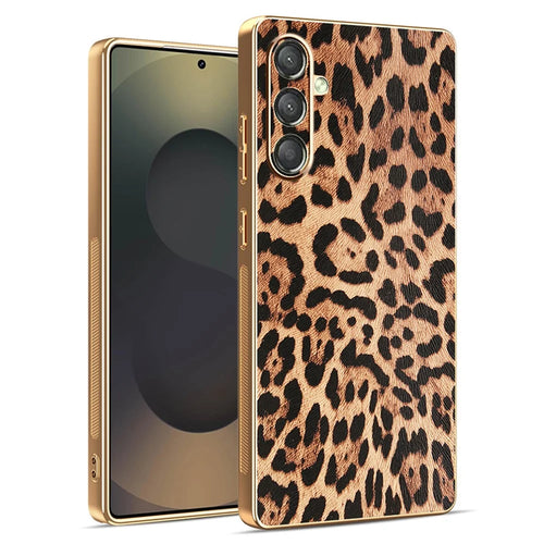 For Samsung Galaxy A25 5G (Global) (161.0mm) Case Leopard Print PU Leather Coated PC + TPU Electroplating Phone Cover - 1