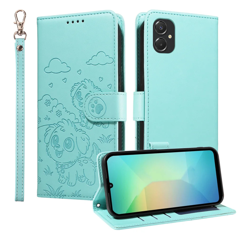 For Samsung Galaxy A08 5G / A08 4G /  A07 4G / M06 5G / F06 5G / A06 4G / A06 5G Case RFID Blocking Imprint Dog Pattern PU Leather Phone Cover with Wrist Strap - Green - 1