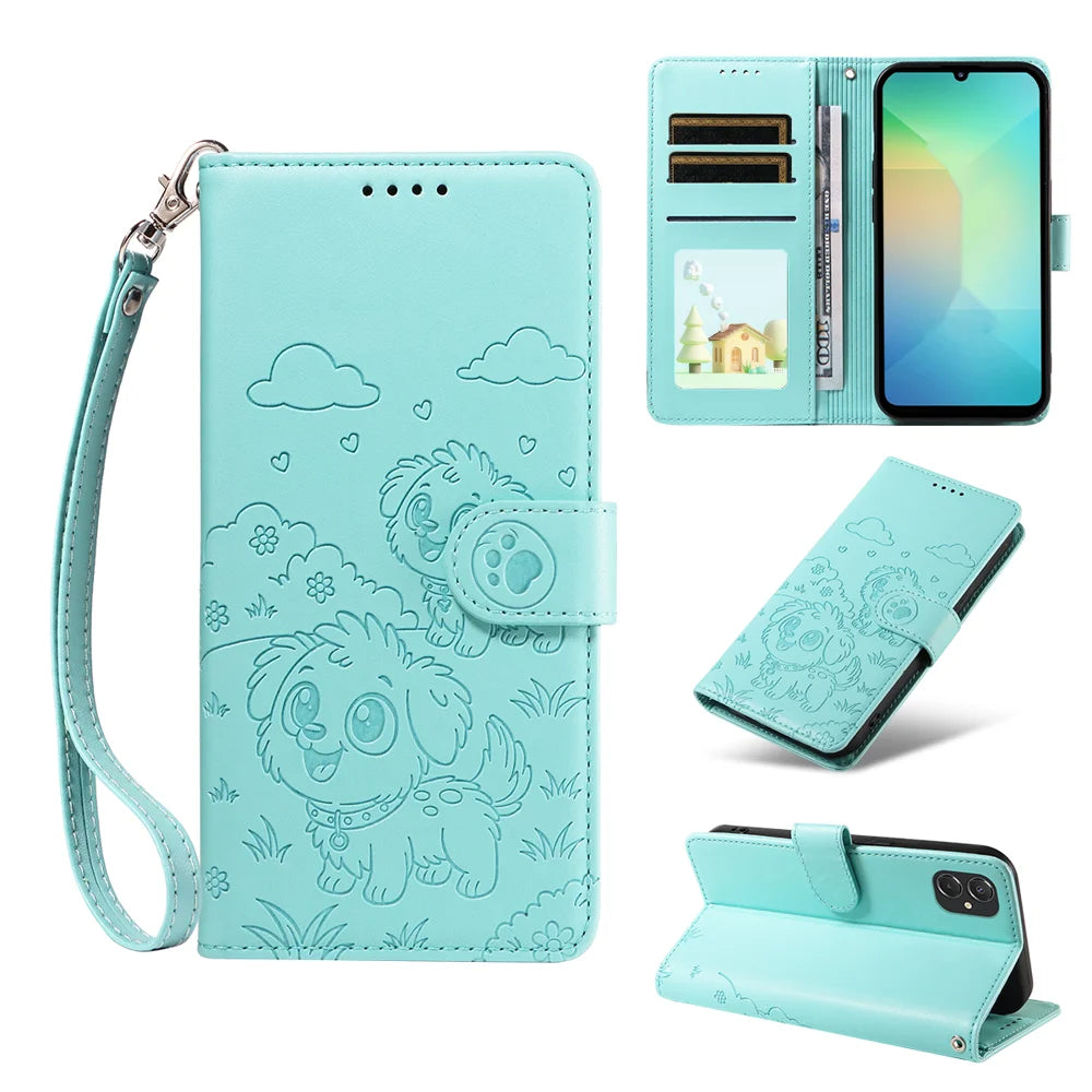 For Samsung Galaxy A08 5G / A08 4G /  A07 4G / M06 5G / F06 5G / A06 4G / A06 5G Case RFID Blocking Imprint Dog Pattern PU Leather Phone Cover with Wrist Strap - Green - 2