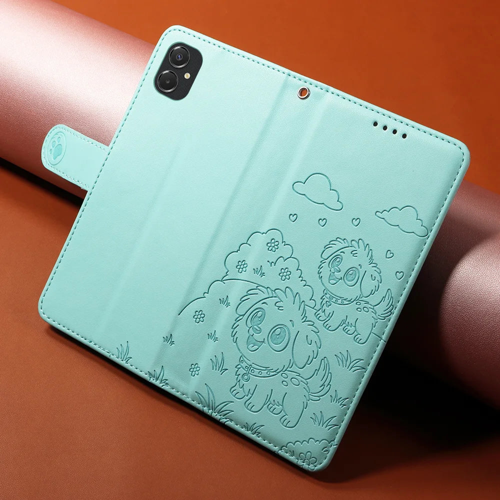 For Samsung Galaxy A08 5G / A08 4G /  A07 4G / M06 5G / F06 5G / A06 4G / A06 5G Case RFID Blocking Imprint Dog Pattern PU Leather Phone Cover with Wrist Strap - Green - 4