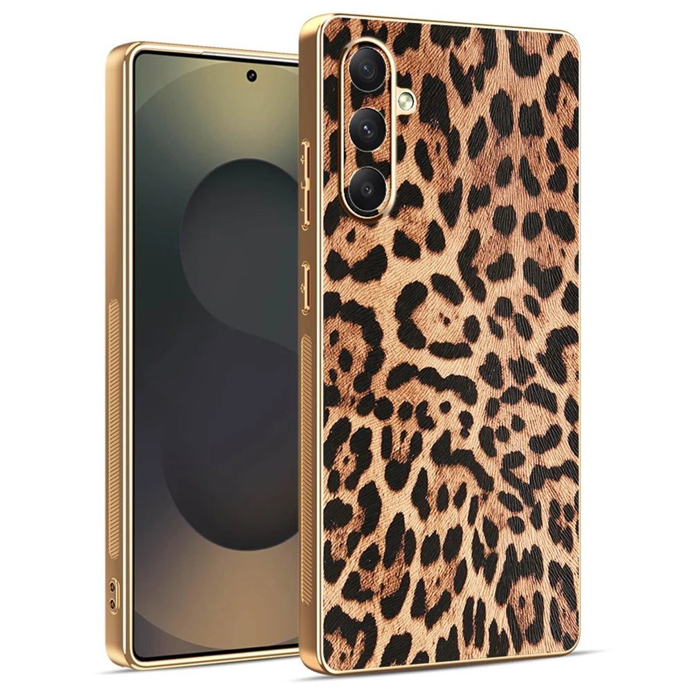 For Samsung Galaxy A34 5G Case Leopard Print PU Leather Coated PC + TPU Electroplating Phone Cover - 1