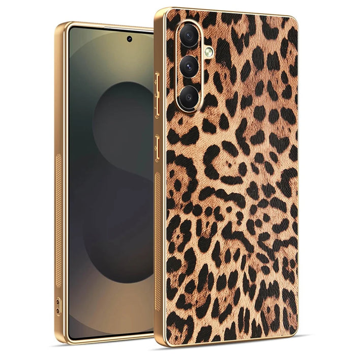 For Samsung Galaxy A34 5G Case Leopard Print PU Leather Coated PC + TPU Electroplating Phone Cover - 1