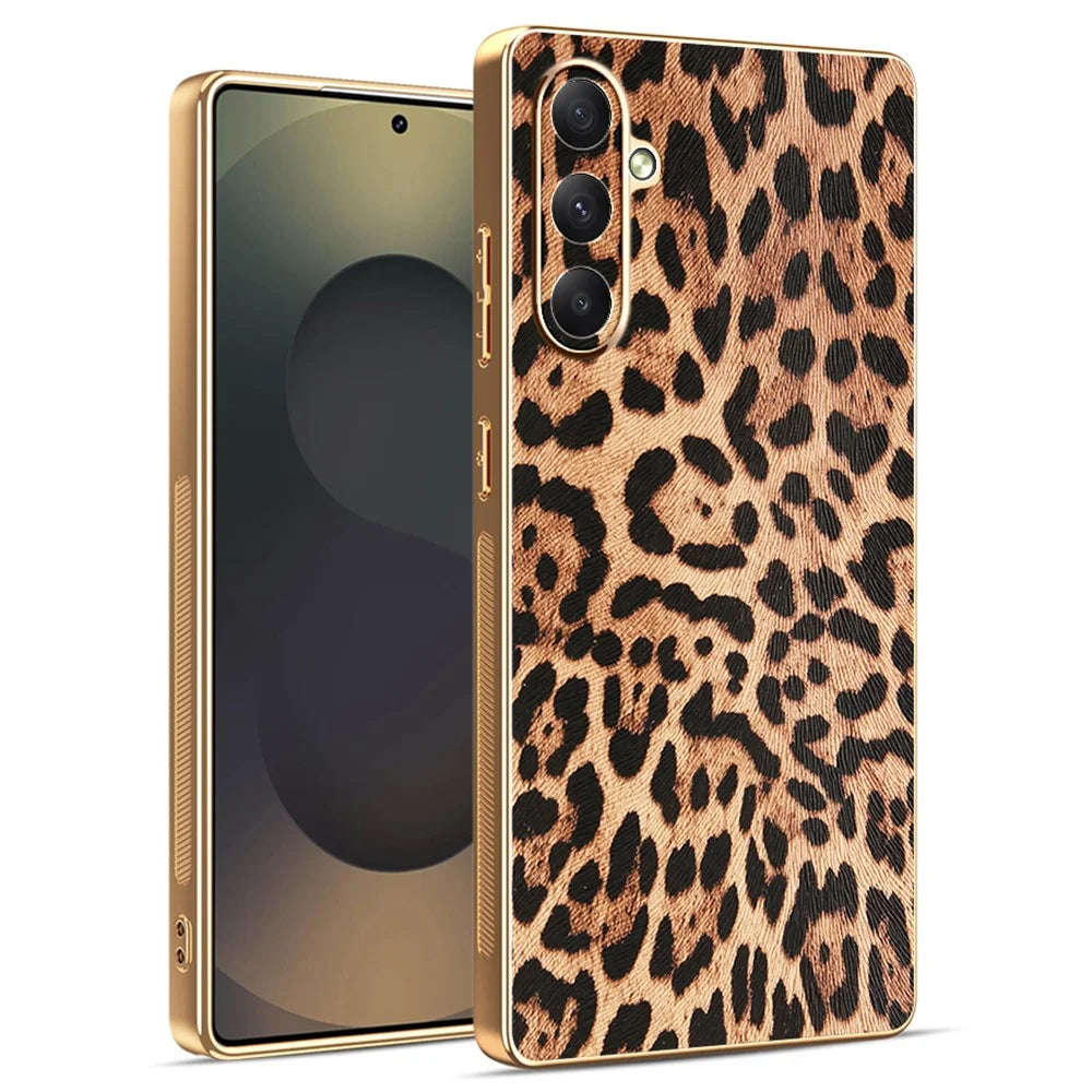 For Samsung Galaxy A35 5G Case Leopard Print PU Leather Coated PC + TPU Electroplating Phone Cover - 1