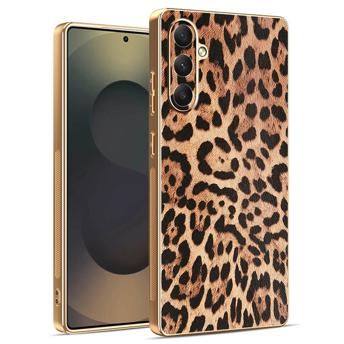 For Samsung Galaxy A35 5G Case Leopard Print PU Leather Coated PC + TPU Electroplating Phone Cover - 1