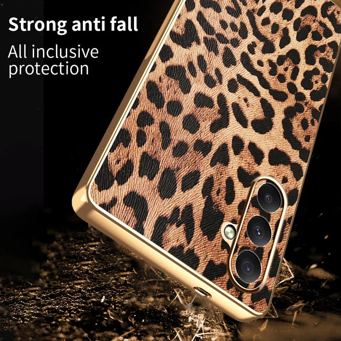 For Samsung Galaxy A35 5G Case Leopard Print PU Leather Coated PC + TPU Electroplating Phone Cover - 3
