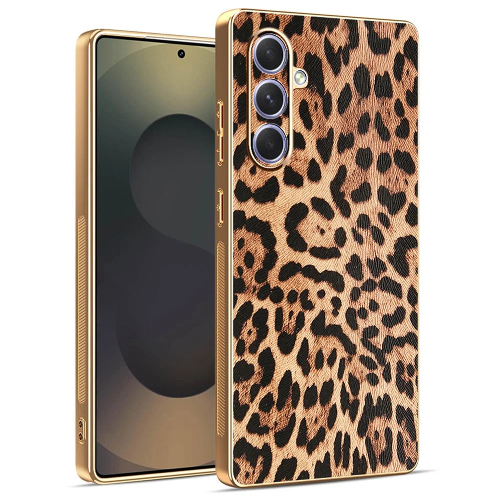 For Samsung Galaxy A54 5G Case Leopard Print PU Leather Coated PC + TPU Electroplating Phone Cover - 1