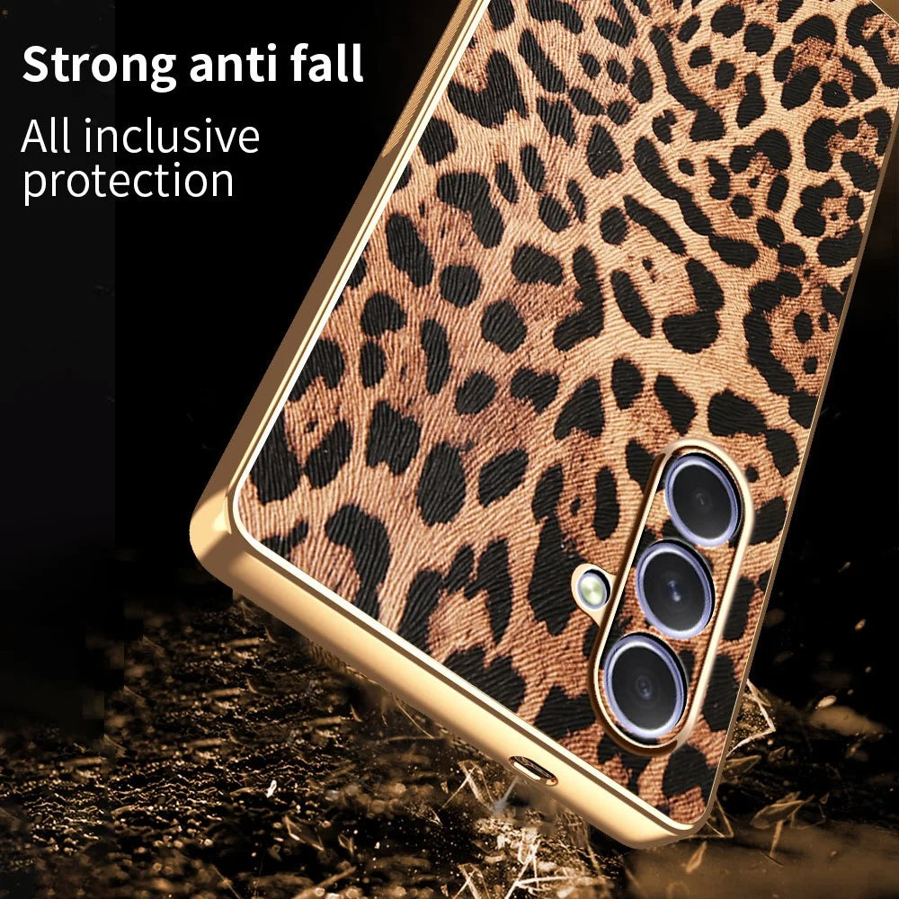 For Samsung Galaxy A55 5G Case Leopard Print PU Leather Coated PC + TPU Electroplating Phone Cover - 3