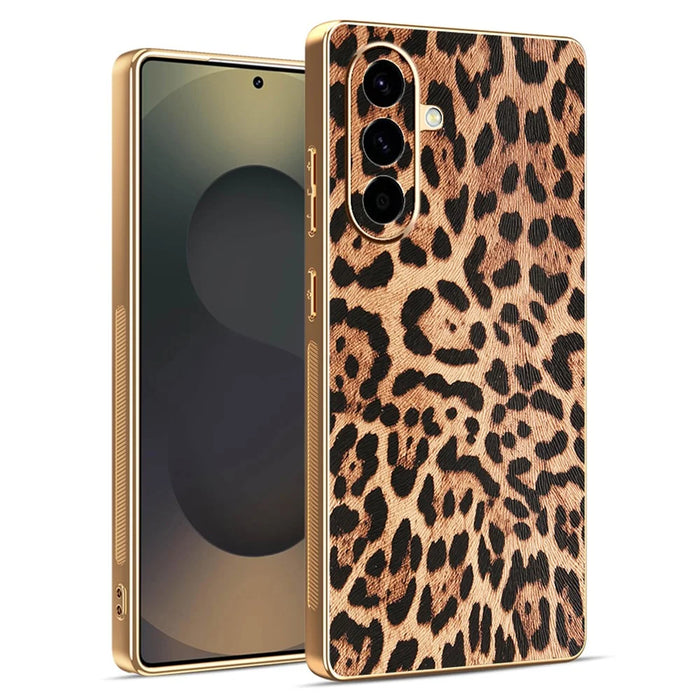 For Samsung Galaxy A56 5G Case Leopard Print PU Leather Coated PC + TPU Electroplating Phone Cover - 1