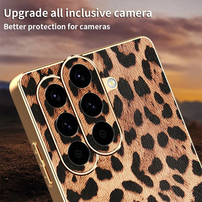 For Samsung Galaxy A56 5G Case Leopard Print PU Leather Coated PC + TPU Electroplating Phone Cover - 5