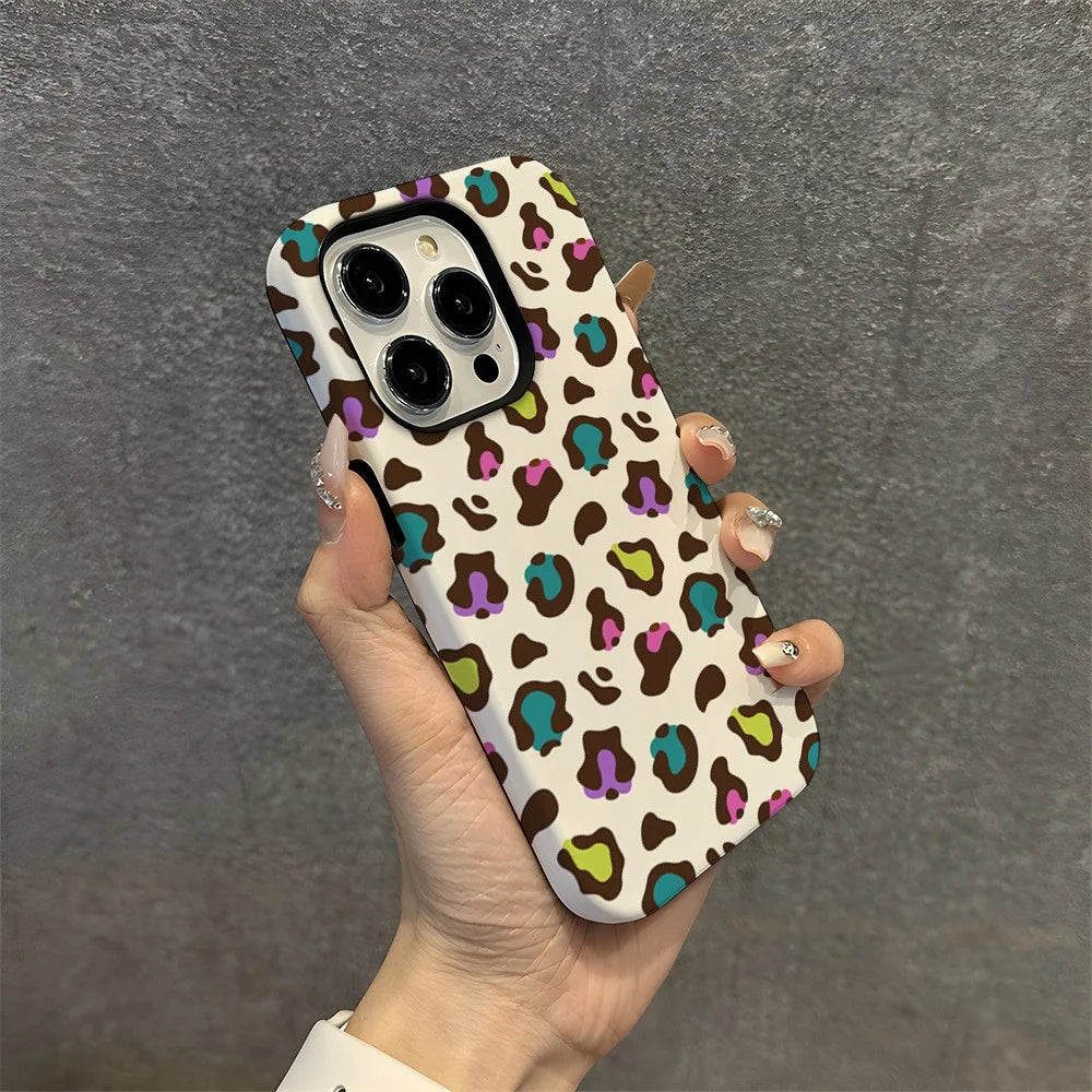 For iPhone 16 Pro Max Case Pattern Design TPU PC Heat Transfer Glossy Phone Cover - Colored Leopard - 1