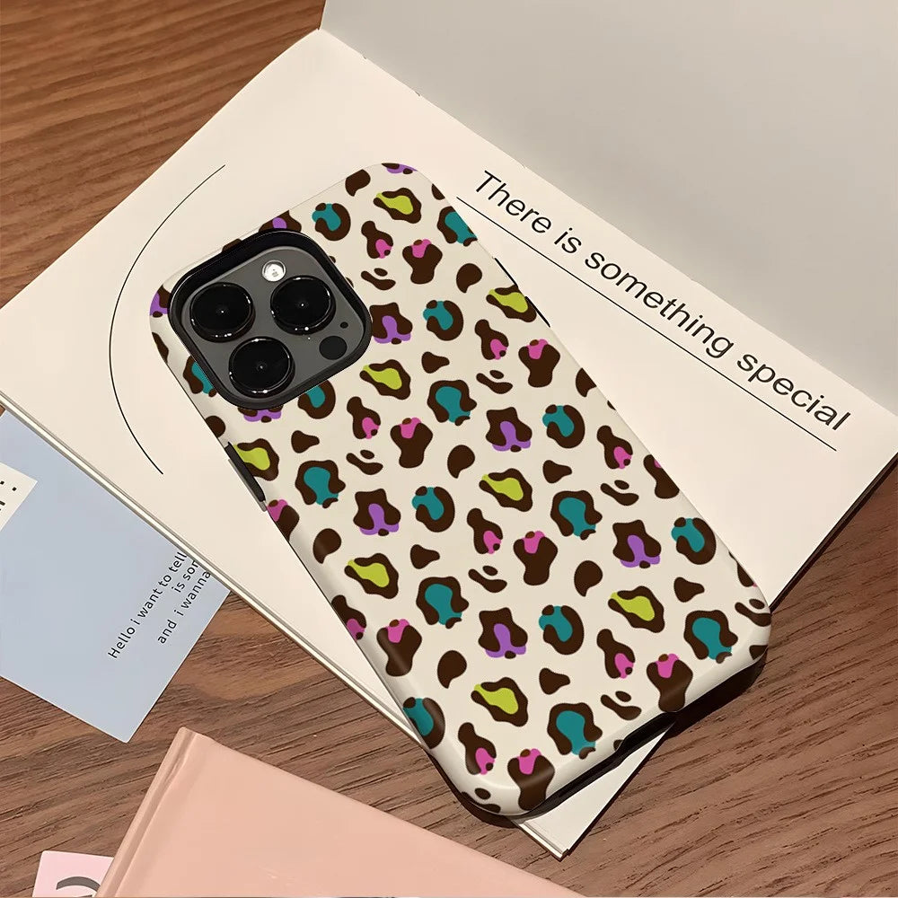 For iPhone 16 Pro Max Case Pattern Design TPU PC Heat Transfer Glossy Phone Cover - Colored Leopard - 2