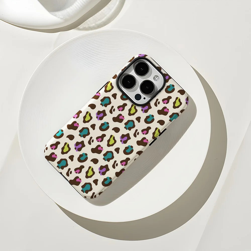 For iPhone 16 Pro Max Case Pattern Design TPU PC Heat Transfer Glossy Phone Cover - Colored Leopard - 3