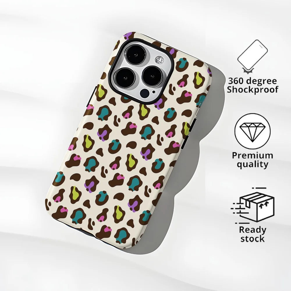 For iPhone 16 Pro Max Case Pattern Design TPU PC Heat Transfer Glossy Phone Cover - Colored Leopard - 4