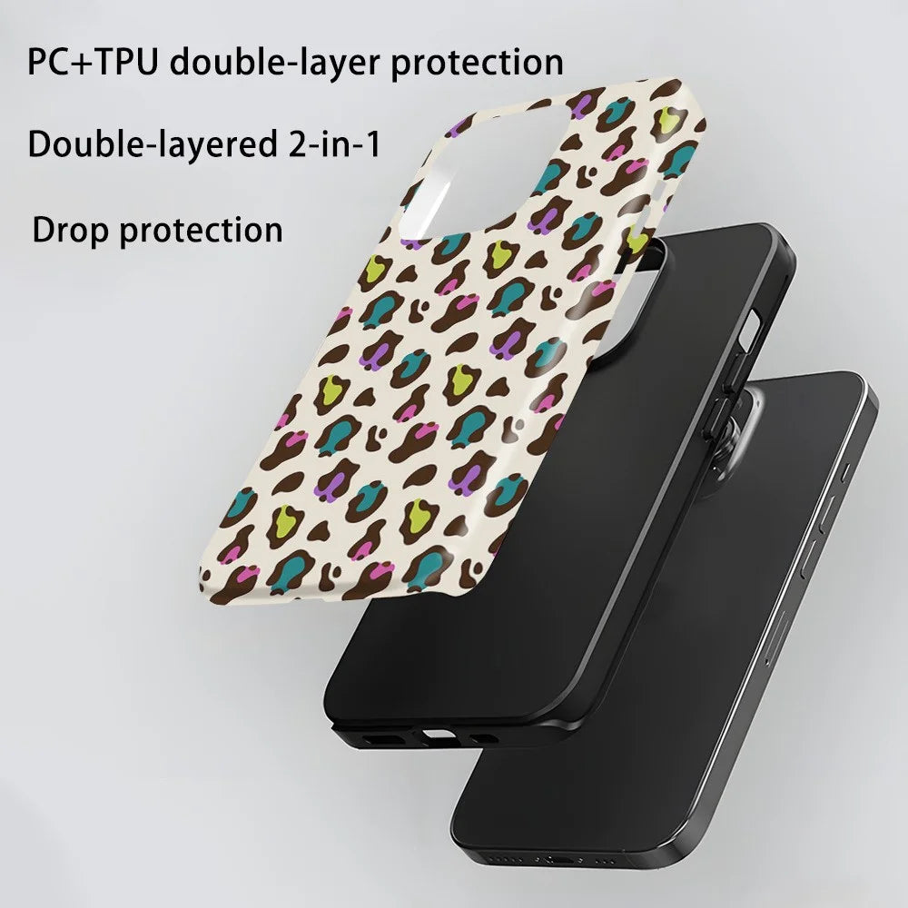 For iPhone 16 Pro Max Case Pattern Design TPU PC Heat Transfer Glossy Phone Cover - Colored Leopard - 5