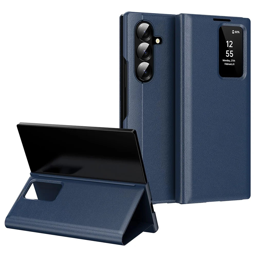 For Samsung Galaxy Z Fold7 5G Case with Card Holder Smart View Window Leather Phone Cover - Sapphire - 1