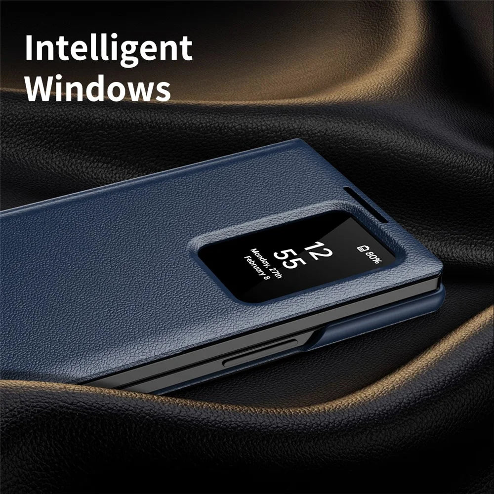 For Samsung Galaxy Z Fold7 5G Case with Card Holder Smart View Window Leather Phone Cover - Sapphire - 6